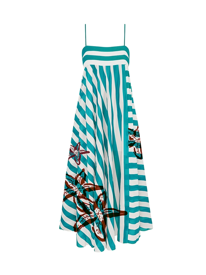 Tropical Vacation Stripe Starfish Print Spaghetti Strap Maxi Dress