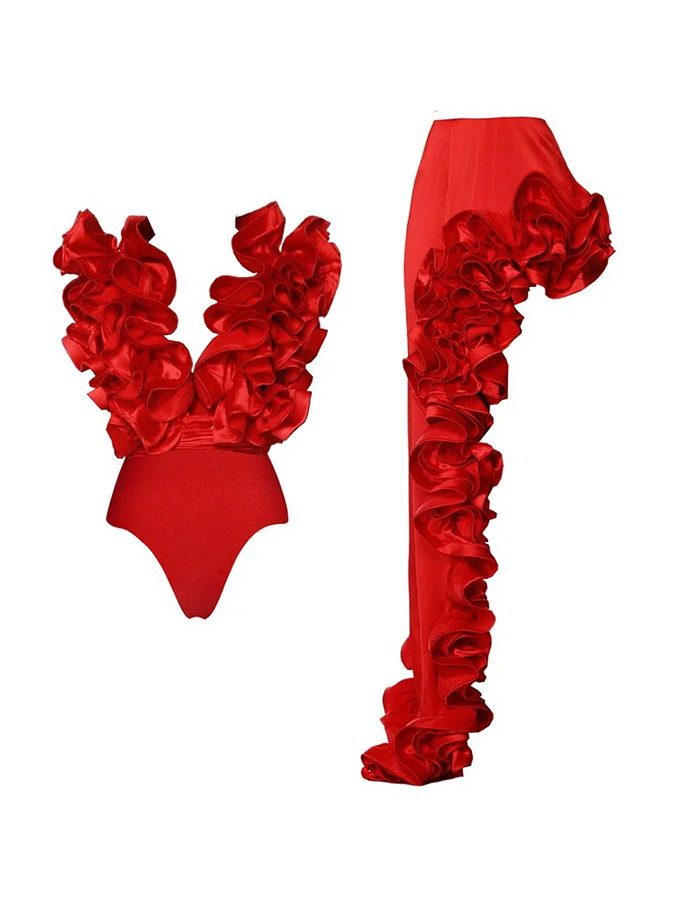 Red Flower Frilled One Shoulder Bikini Swimsuit and Skirt