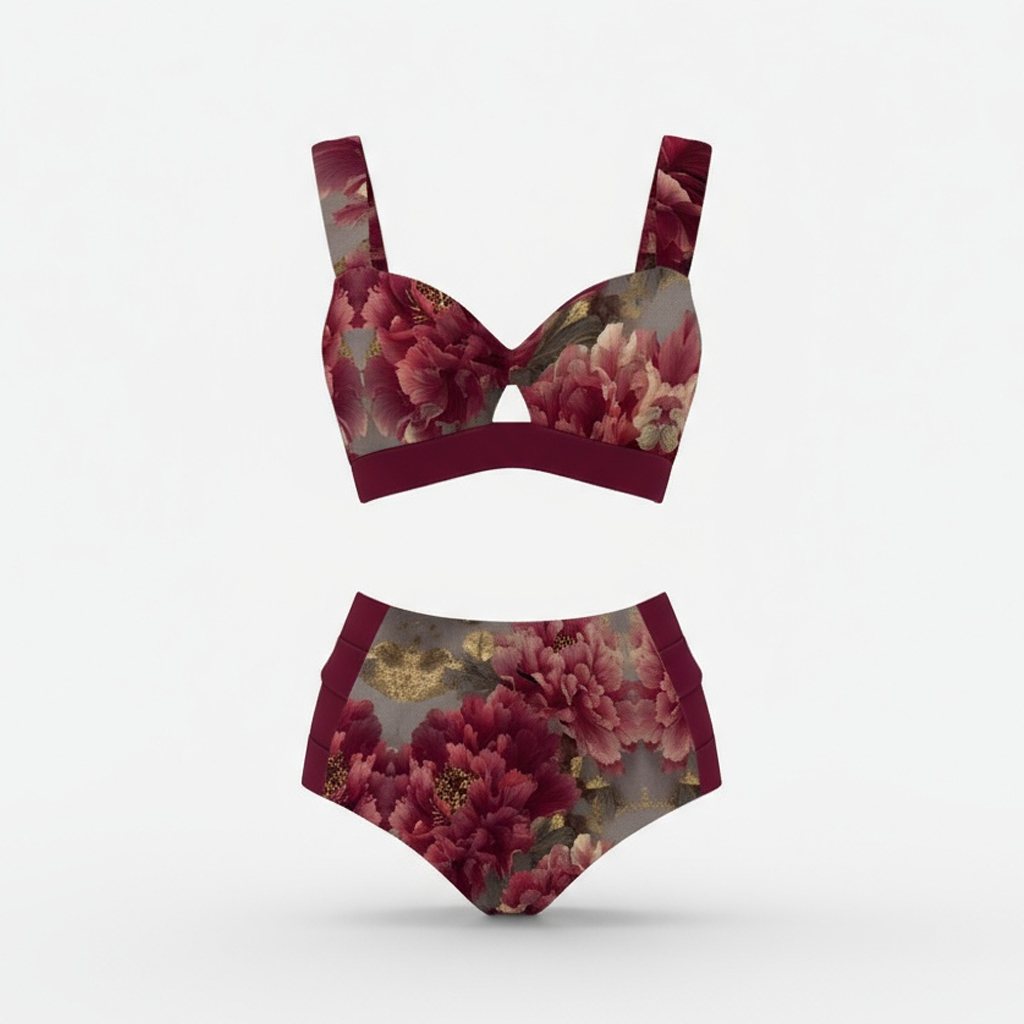 Vintage Peony Print Bikini Top High Waist Bottom and Wrap Skirt Three Piece Set