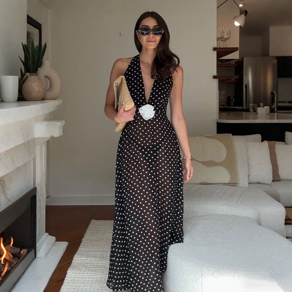 Polka Dot Mesh Maxi Dress with Halter Tie and Statement Floral Detail
