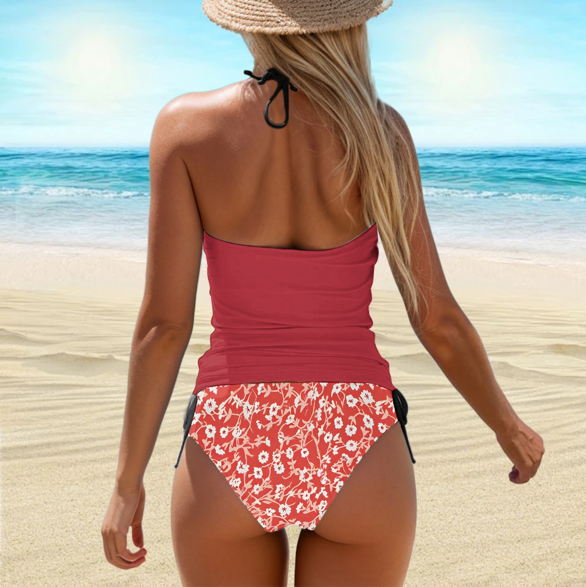 Three Piece Bikini Set with Solid Top Floral Bottom and Maxi Skirt