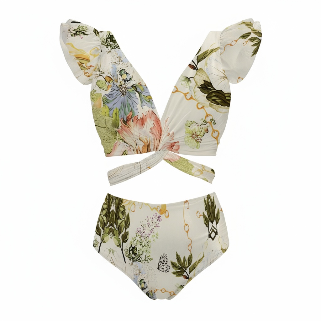 Floral Butterfly Print Deep V Ruffle with Twisted Front Bikini and Sarong Skirt