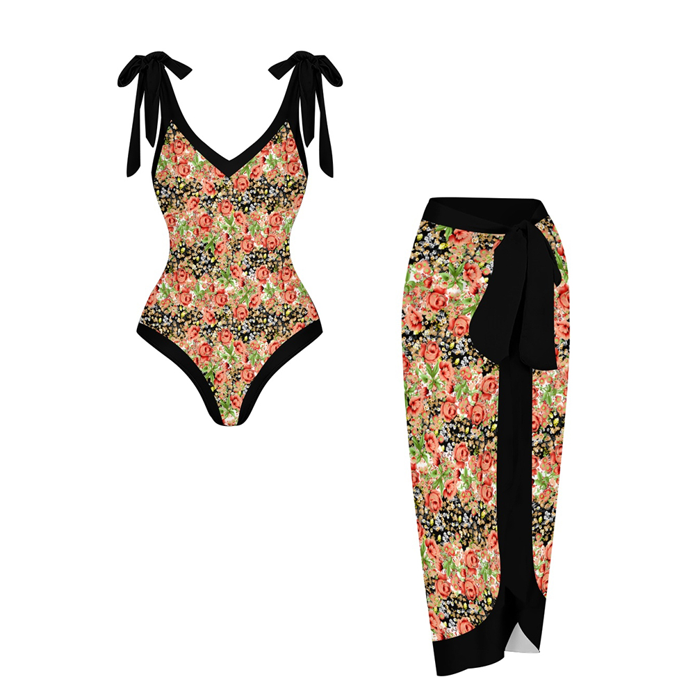 Tropical Floral One Piece Swimsuit Set Wite Coordinated High Waist Skirt
