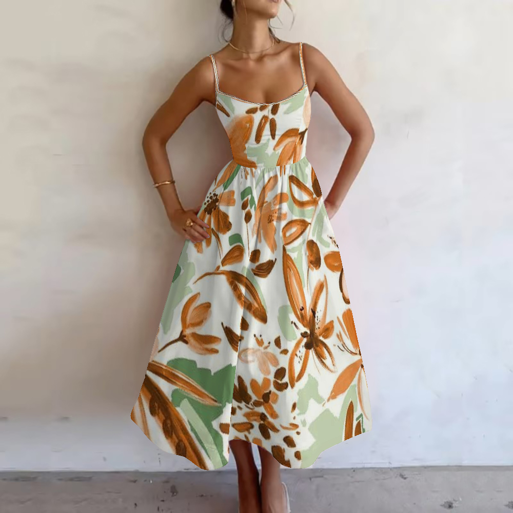 Women's Autumn Leaf Watercolor Printed Slip Dress