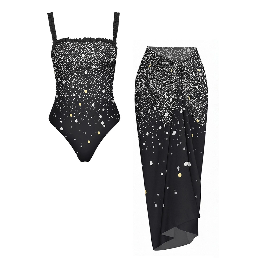 Ruffled Strap Retro Polka Dot One-Piece Swimsuit with Matching Sarong Skirt
