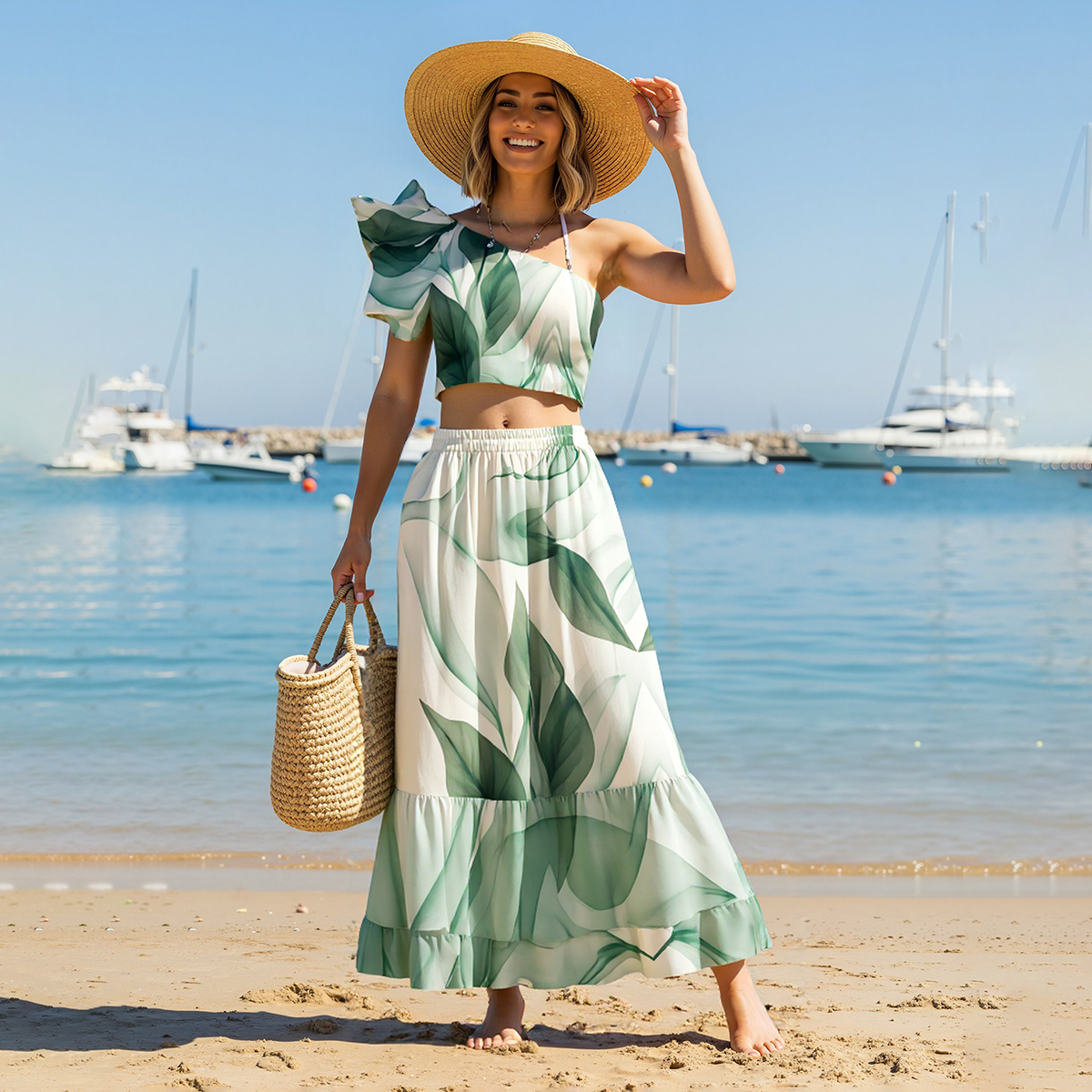 Leaf Print Ruffles Bikini Set with Matching Tiered Maxi Skirt