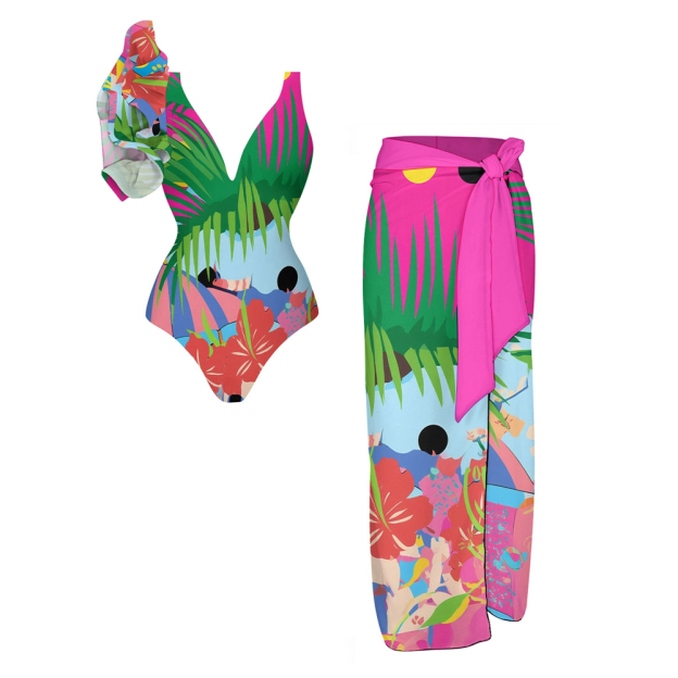 Tropical Print Ruffle One-Piece Set