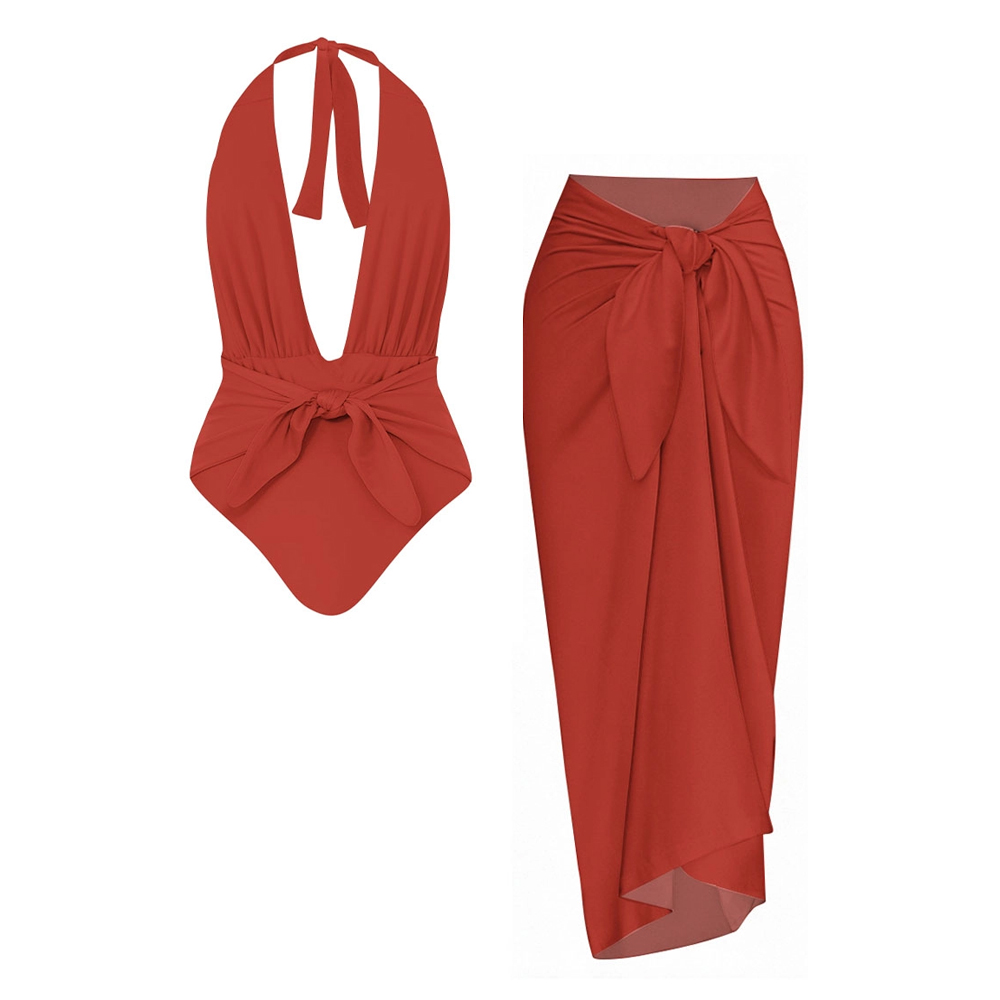 Halter Deep V-Neck One-Piece Swimsuit and Tie-Front Sarong Skirt