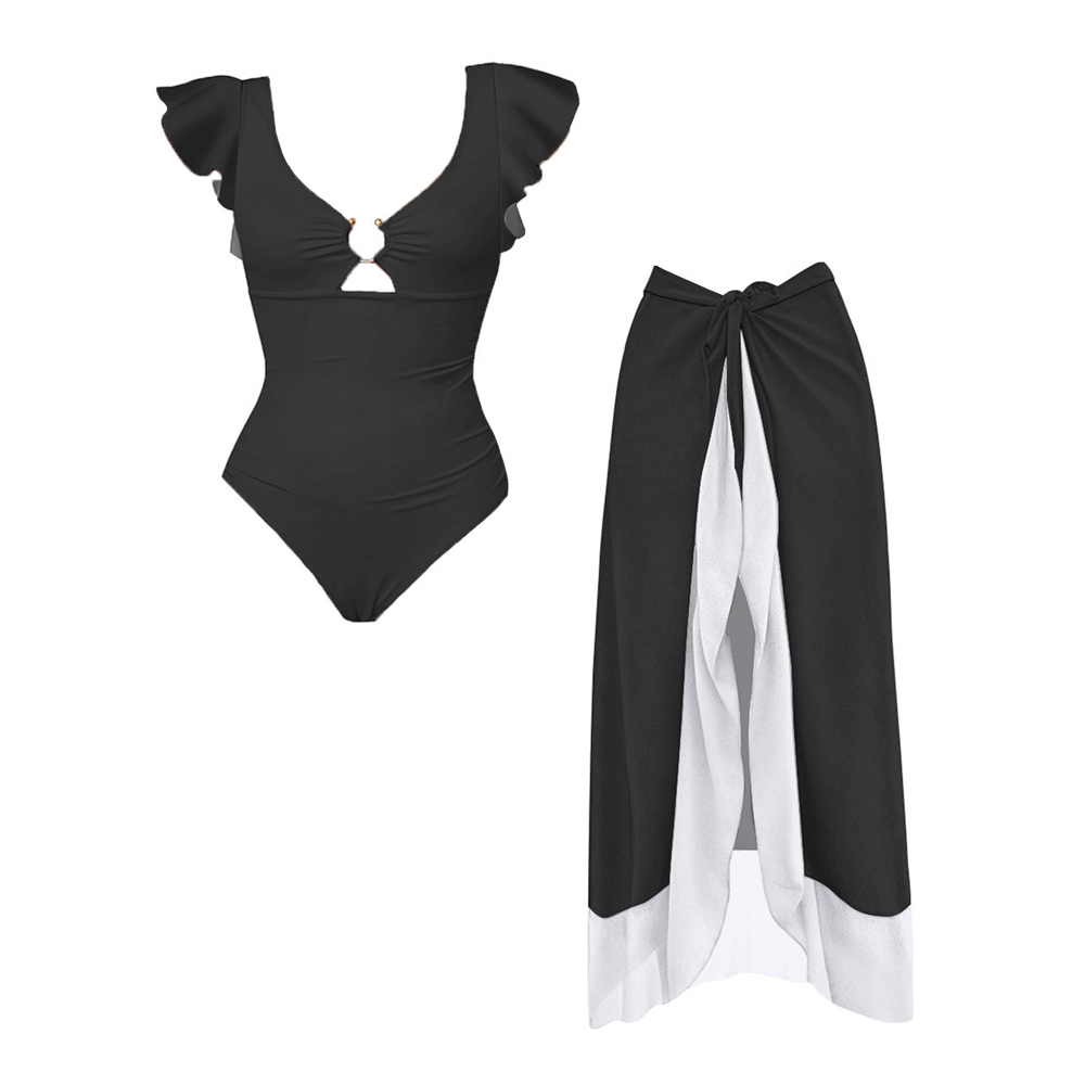 Deep V-Neck Ruffled Sleeve One-Piece Swimsuit and Matching Tie-Waist Wrap Skirt