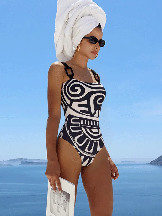 Adjustable Shoulder Straps Black Tribal Print Swimsuit Set