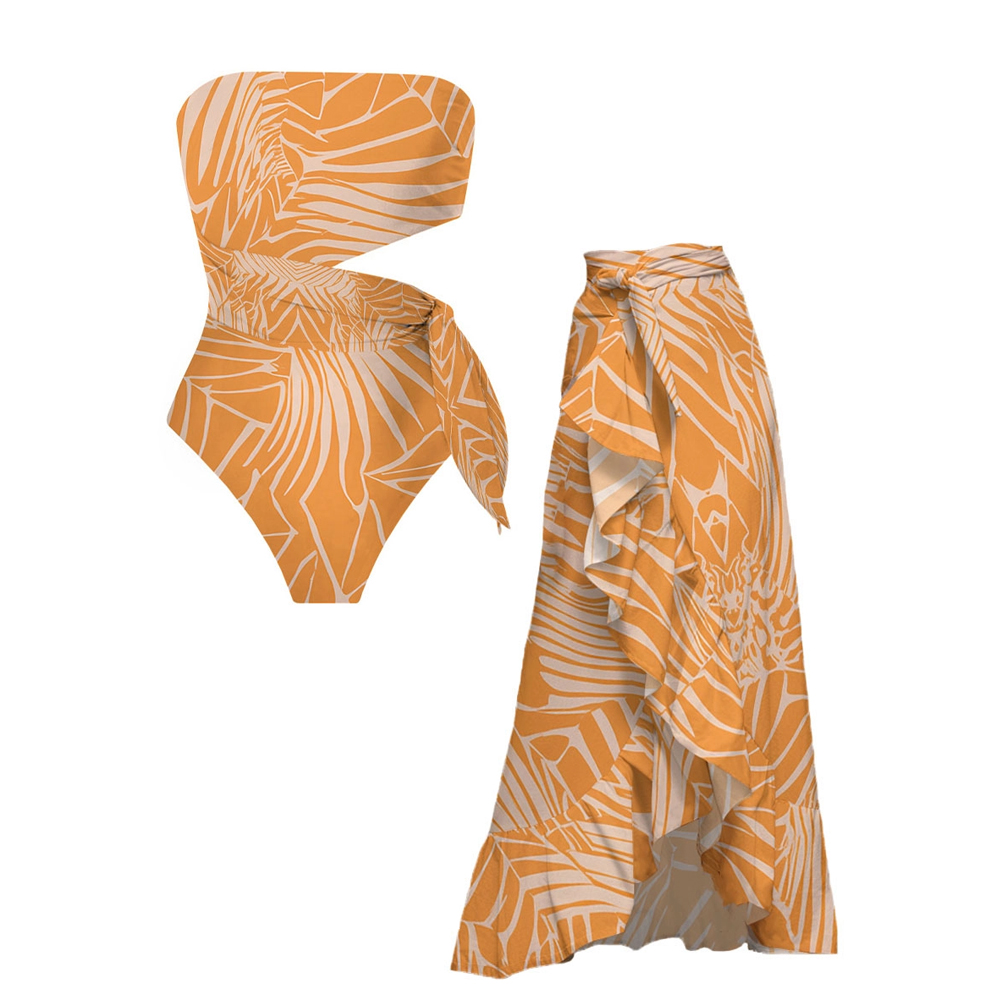 Strapless Palm Print One Piece Set