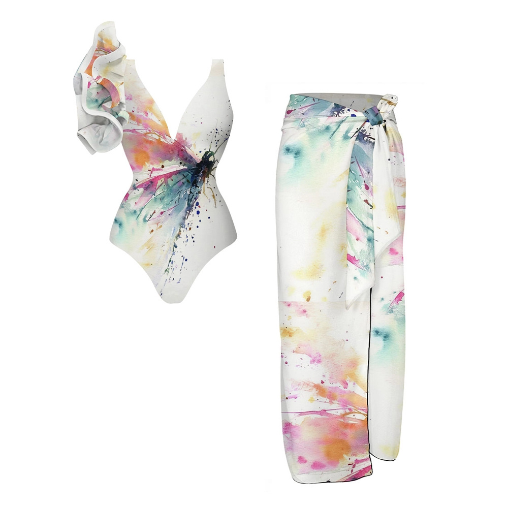 Asymmetrical Ruffled Watercolor One Piece Set