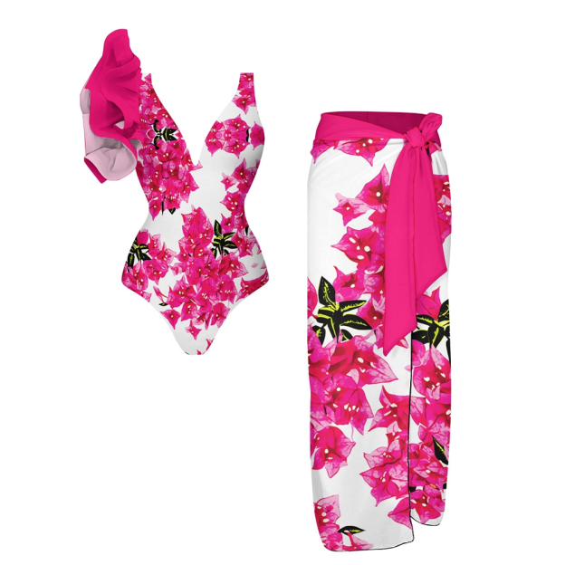 Bougainvillea Print Ruffled One Piece Set