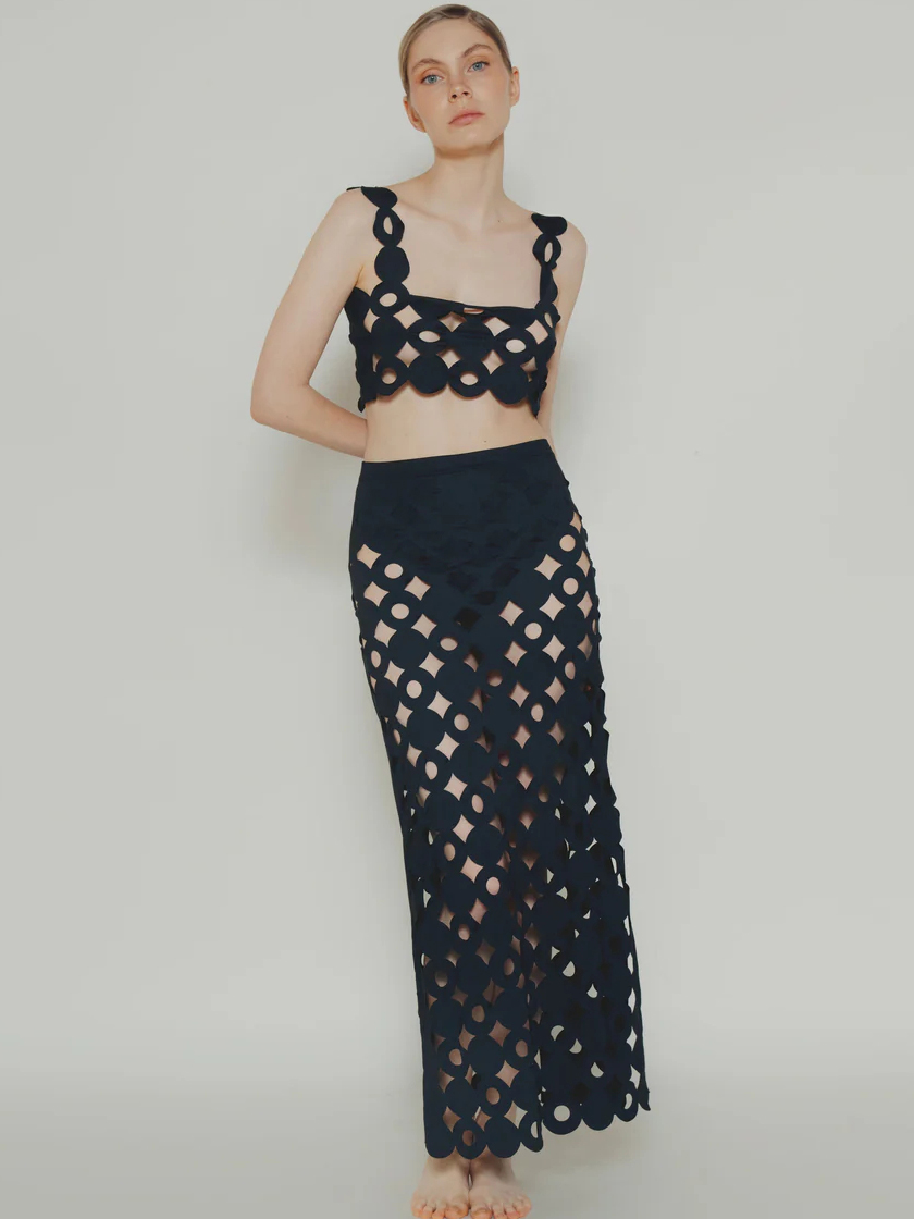 Black Laser Cut Bikini Set and Skirt