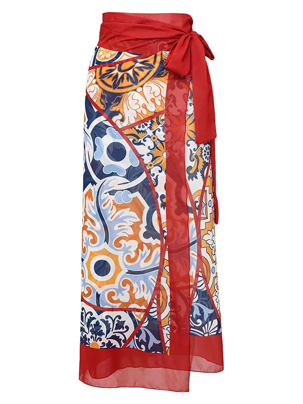 Vintage Printed Halter One Piece Swimsuit and Sarong