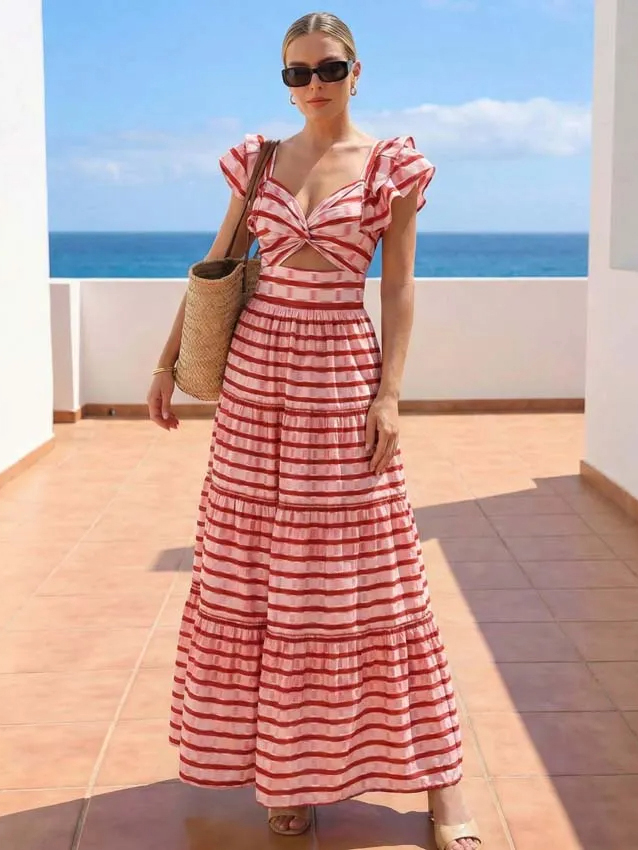 Ruffle Red Striped Printed Swimsuit and Skirt
