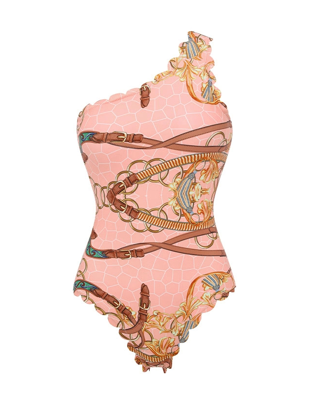 One Shoulder Lace Printed Swimsuit Set