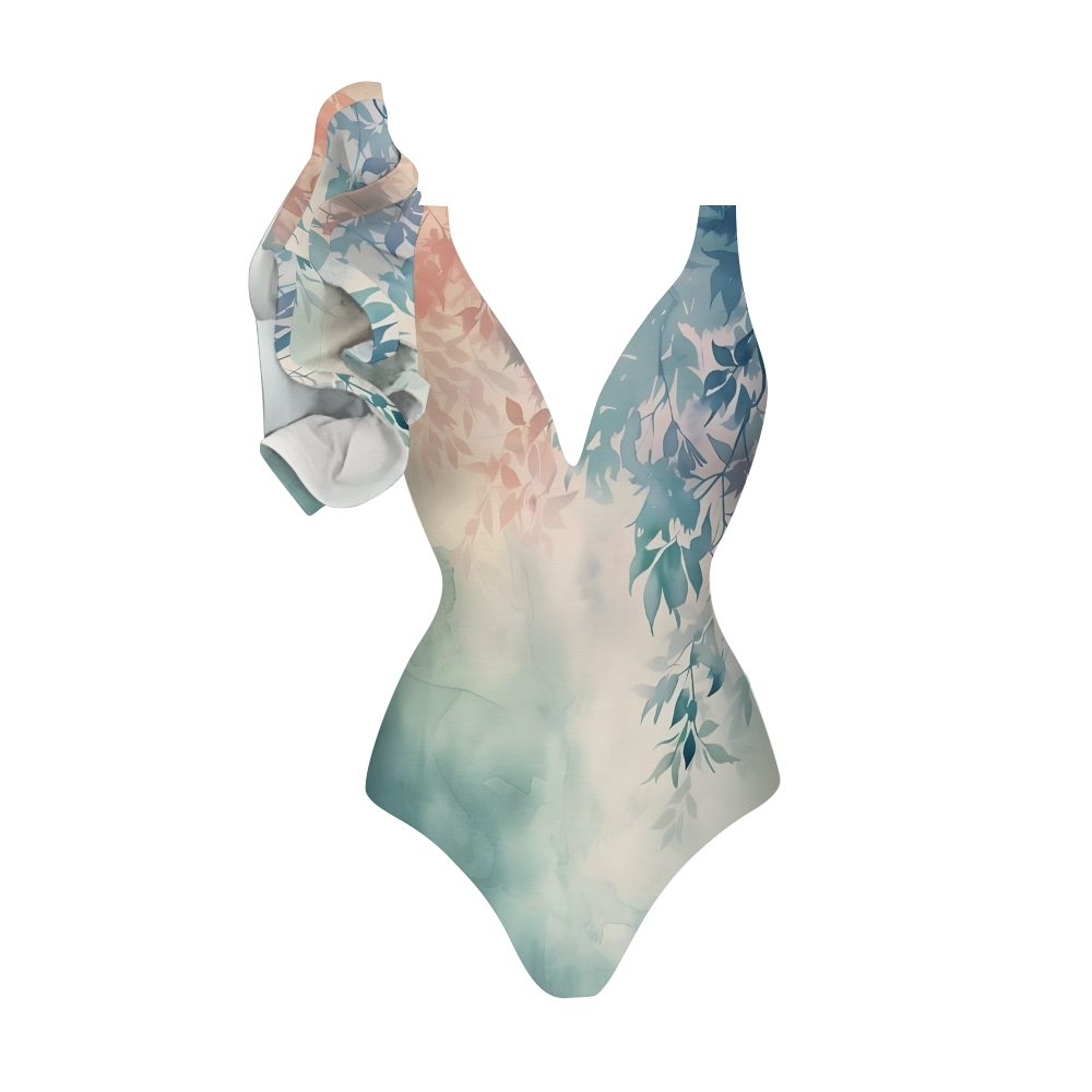 Pastel Leafy Gradient Ruffled One-Piece Swimsuit and Tiered Maxi Skirt