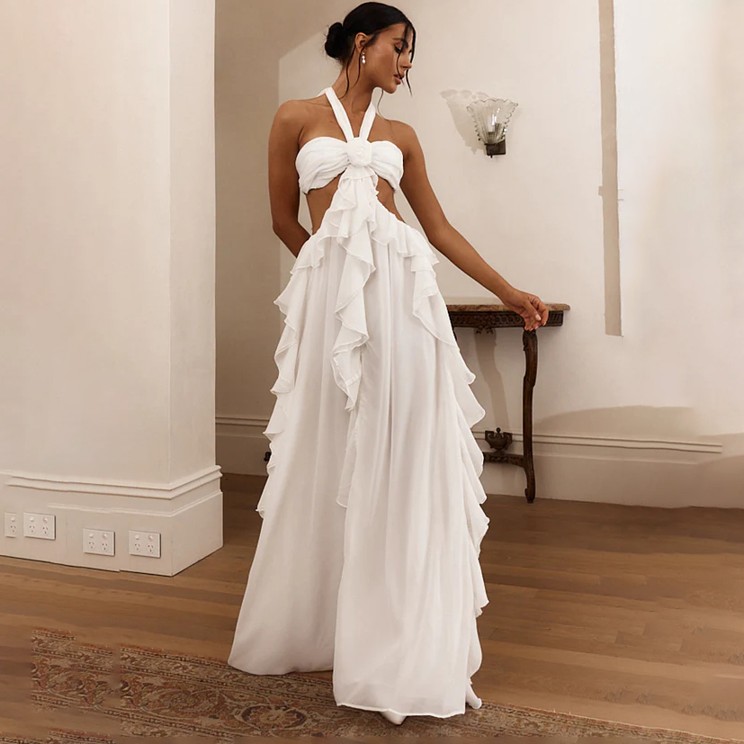 Santiago Cut-Out Ruffle Maxi Dress White