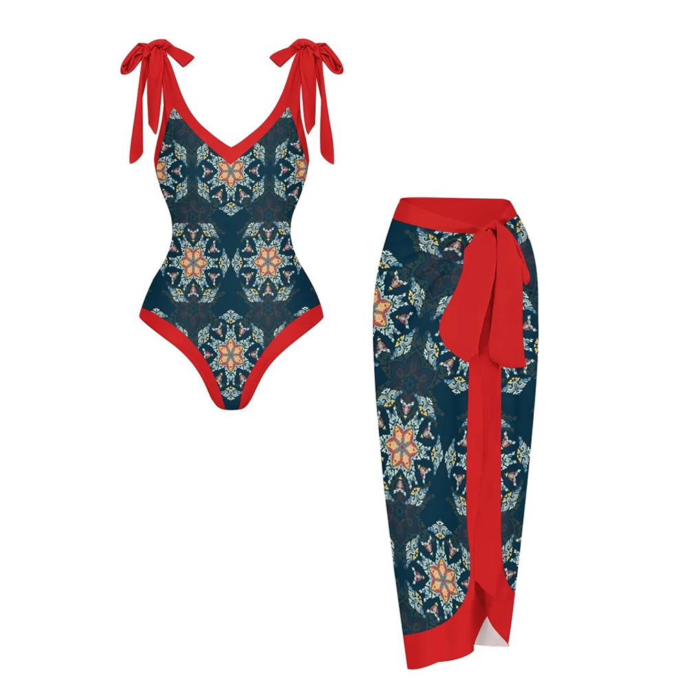 Women's Tribal Boho Floral One Piece Swimsuit with Matching Wrap Skirt
