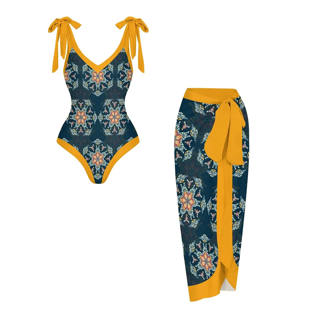 Women's Tribal Boho Floral One Piece Swimsuit with Matching Wrap Skirt Set