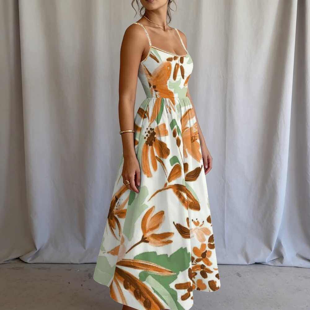 Women's Autumn Leaf Watercolor Printed Slip Dress