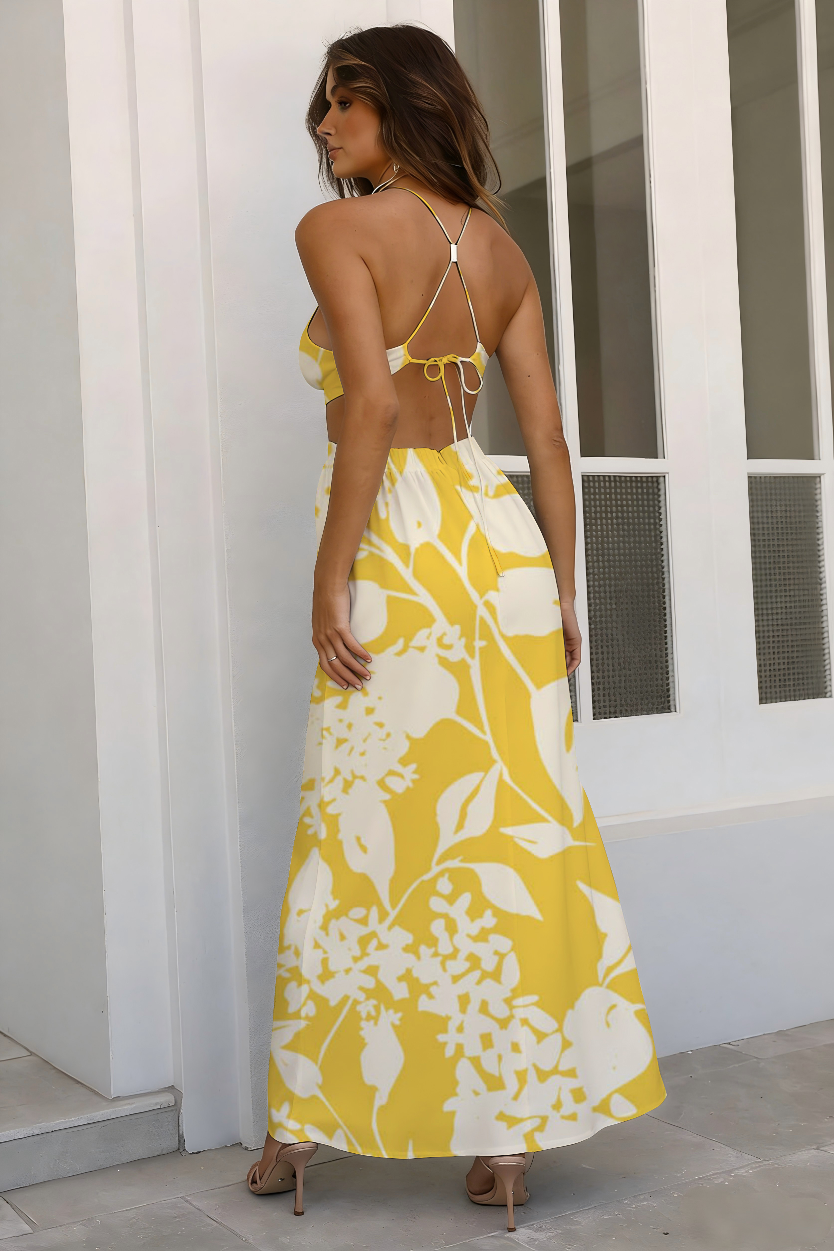 Yellow & White Botanical Silhouette Cutout Maxi Dress