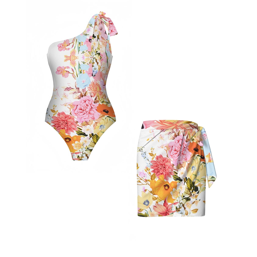 Floral One-Shoulder One-Piece Swimsuit and Wrap Sarong Skirt