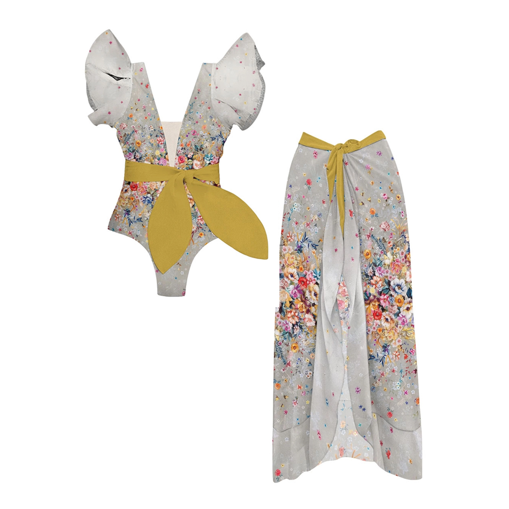 Vintage Floral Ruffled One-Piece Swimsuit with Matching Wrap Skirt