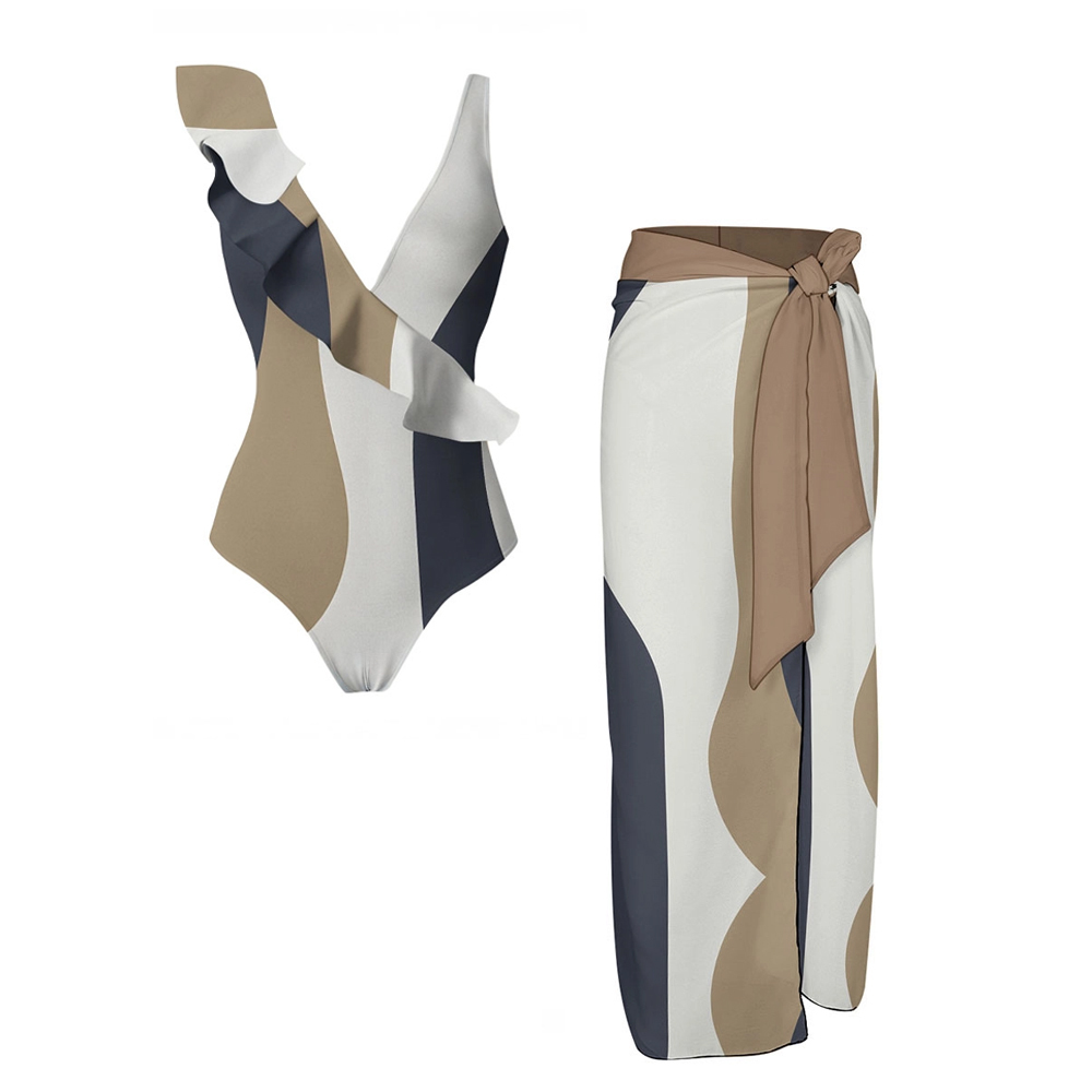 Modern Abstract Geometric One-Piece Swimsuit with Wrap Sarong Skirt