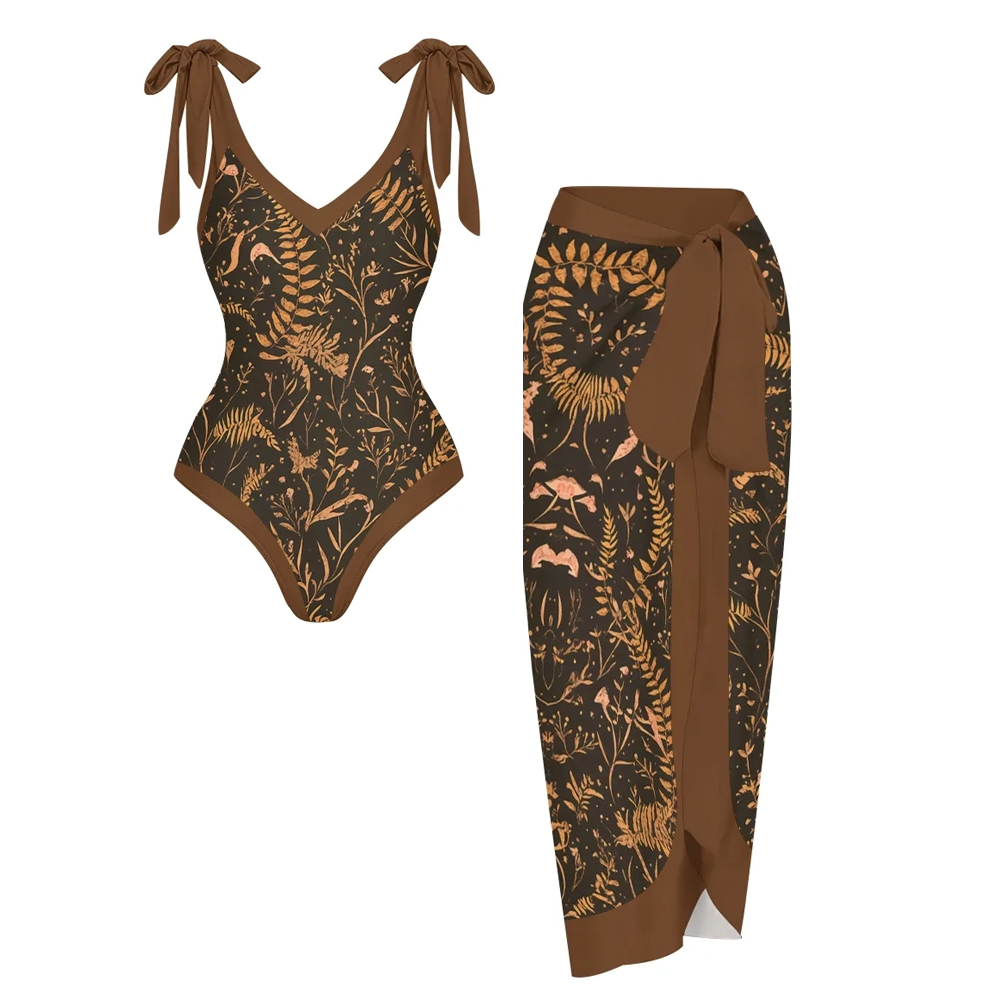 Nature-Inspired One-Piece Swimsuit with Coordinated Long Wrap Skirt