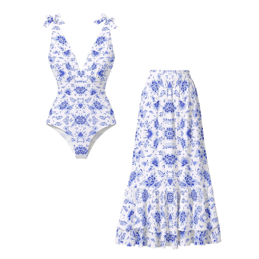 Blue Floral Print One-Piece Set