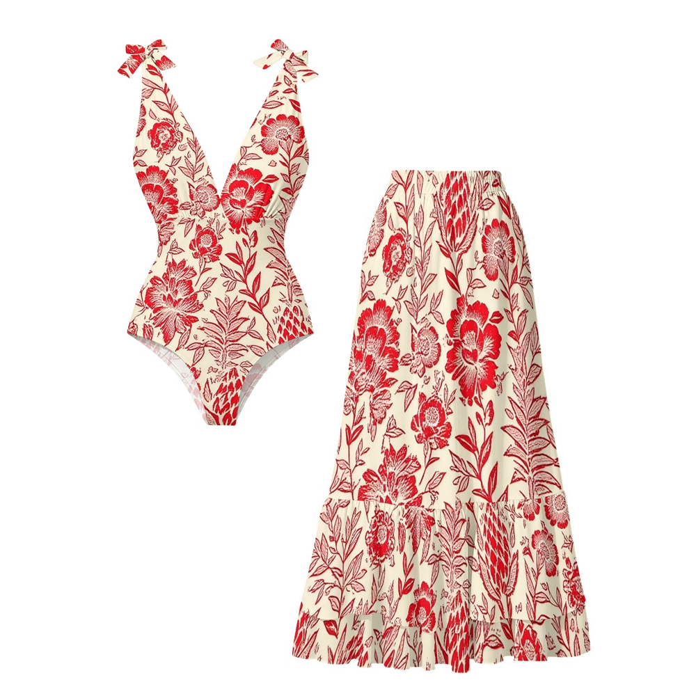 Romantic Red Blossom Print One-Piece Swimsuit and Matching Maxi Skirt