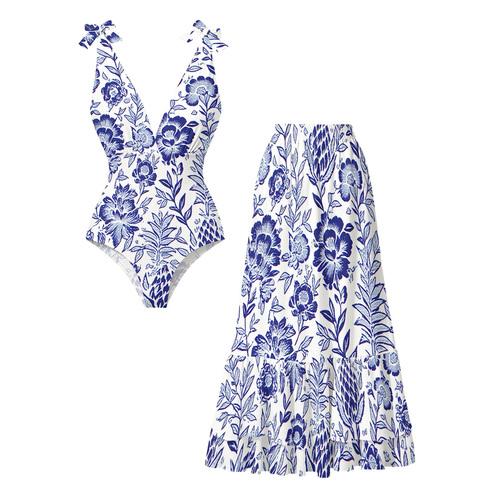 Romantic Blue Blossom Print One-Piece Set