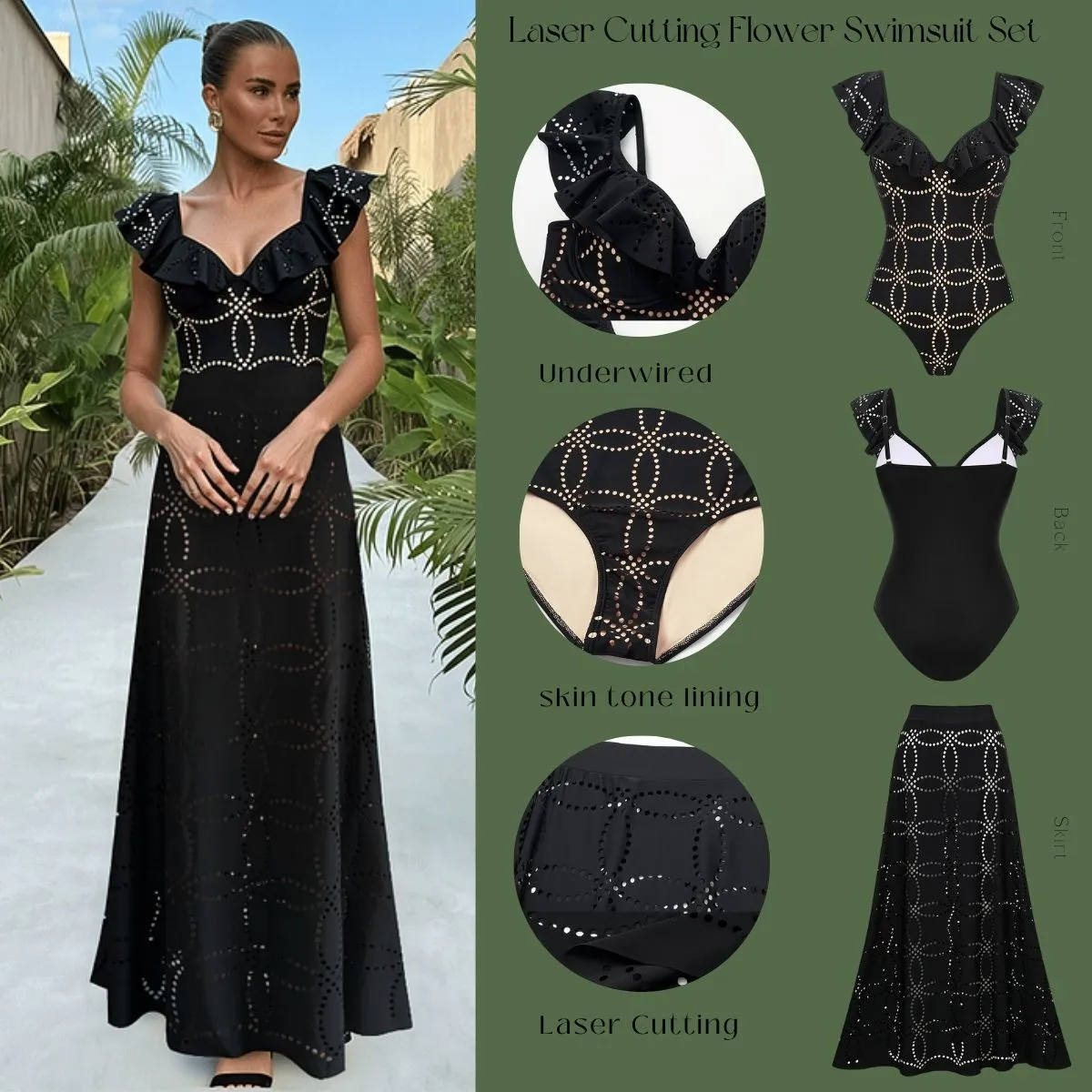 Underwired Black Ruffle Laser Cutting Flower Swimsuit and Skirt