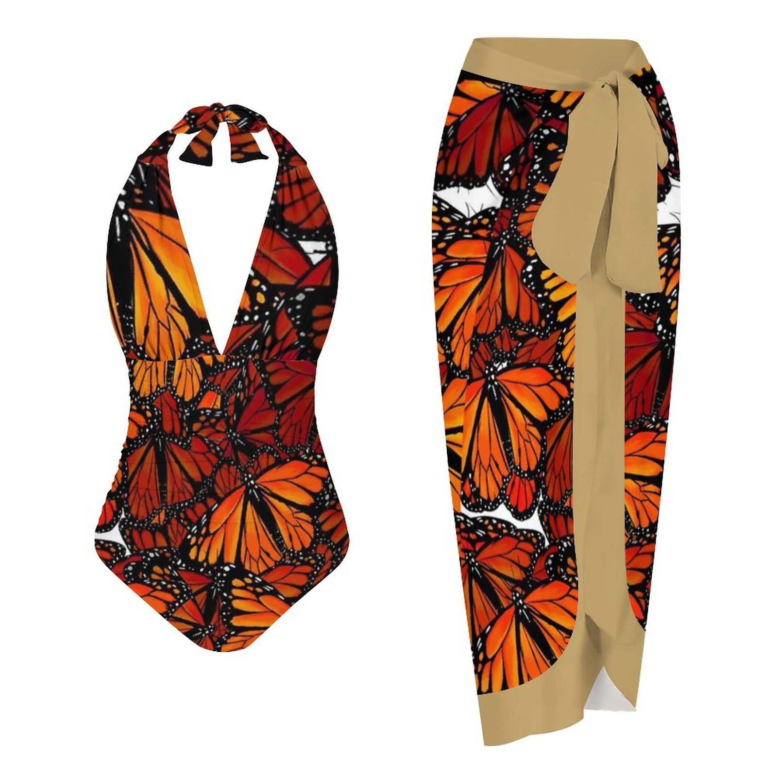Butterfly Printed Halter One Piece Swimsuit And Cover Up