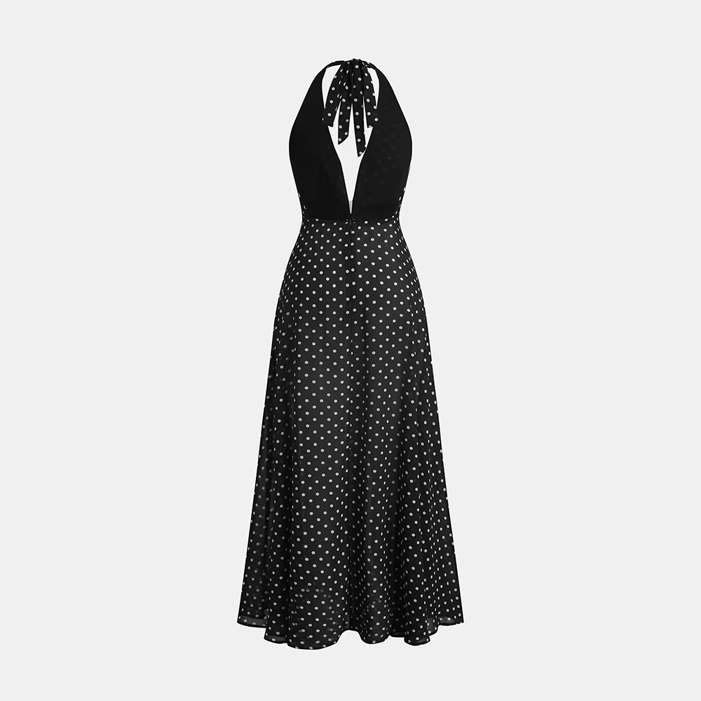 Polka Dot Mesh Maxi Dress with Halter Tie and Statement Floral Detail