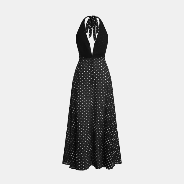 Polka Dot Mesh Maxi Dress with Halter Tie and Statement Floral Detail