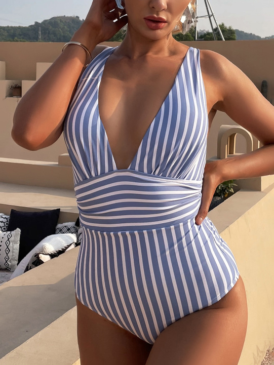 Sexy Striped V-Neck Waist-Defining One-Piece Swimsuit