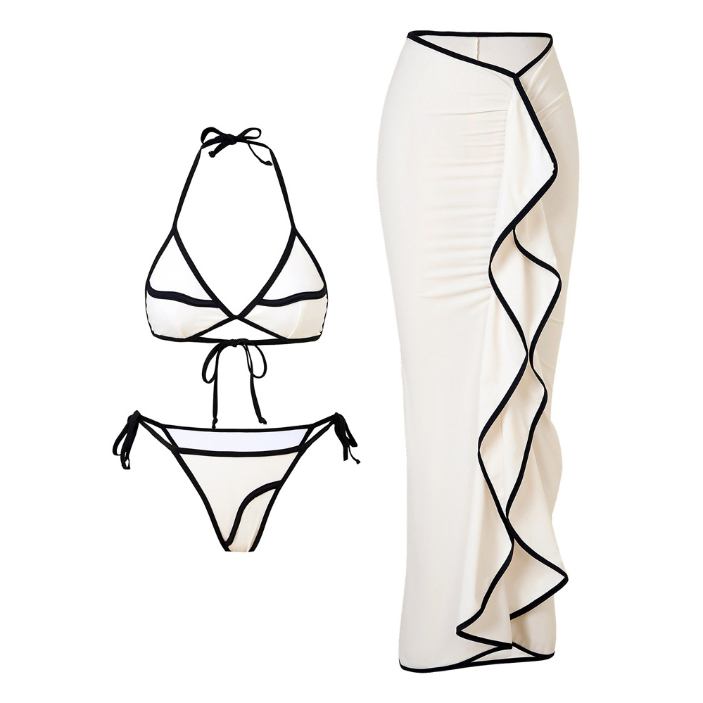 Women's Black and White Color-Block Bikini Two-Piece Swimsuit with Skirt