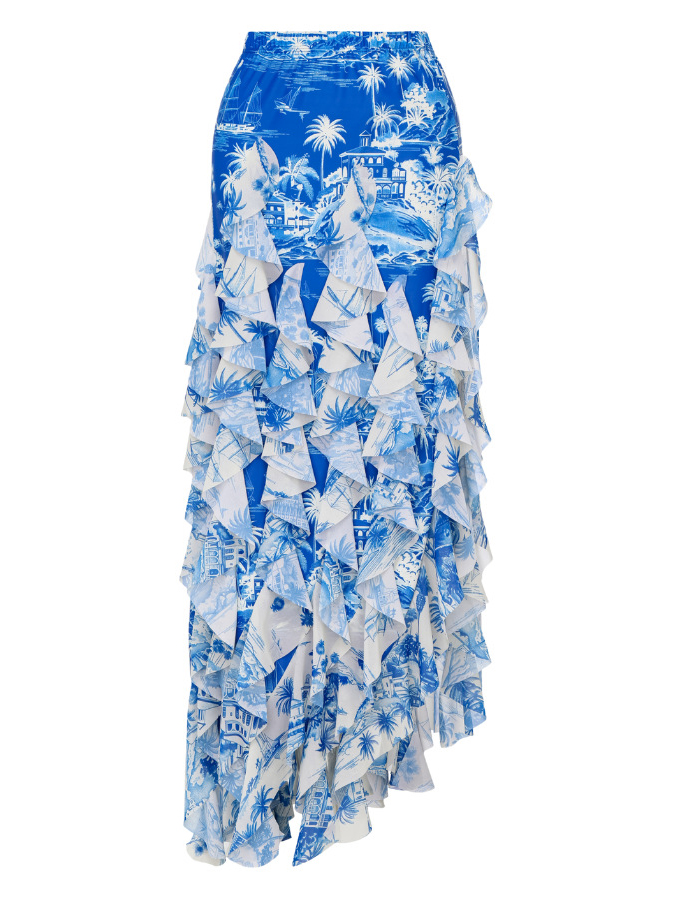 New Blue Palm Tree Island Print One-Piece Swimsuit Set with Skirt