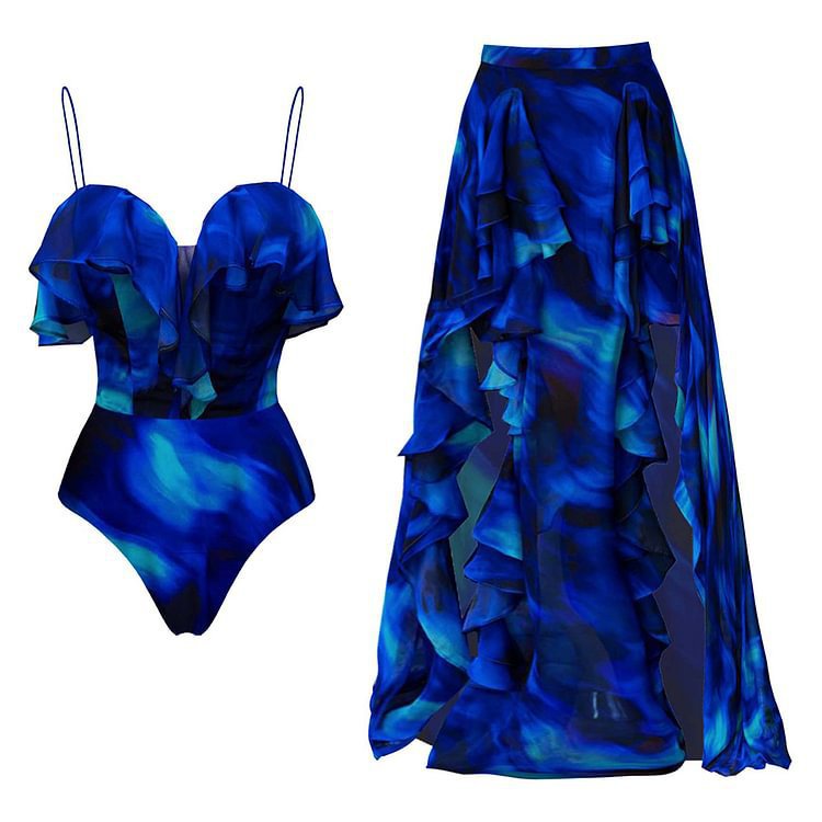 Women's Ombré Ruffle Print One-Piece Swimsuit with Skirt