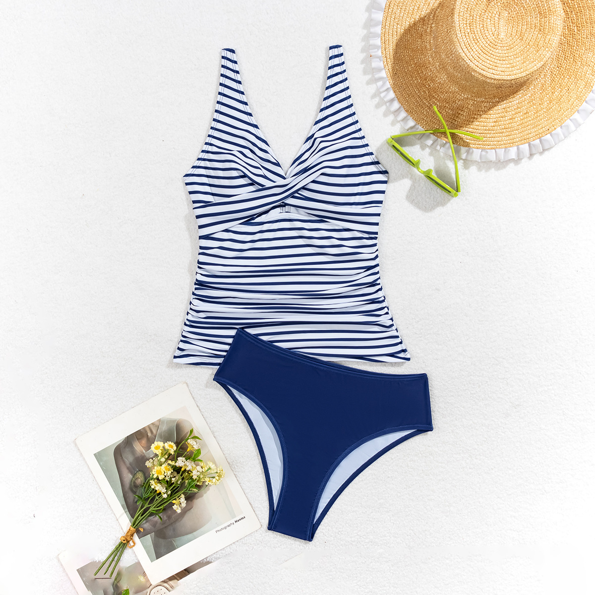 Women's Stripe Print V-Neck Tankini Set with Bikini Briefs