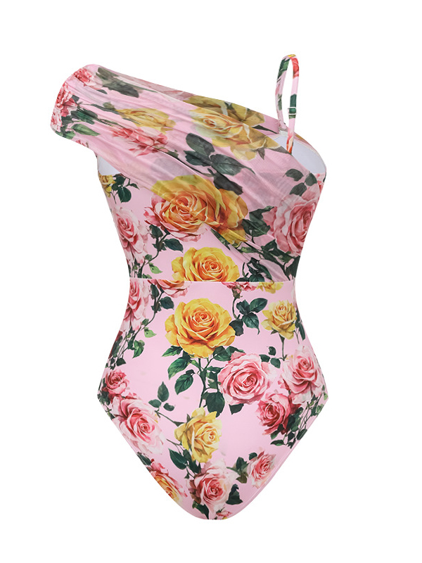 New Pink Floral Print One-Shoulder One-Piece with Skirt