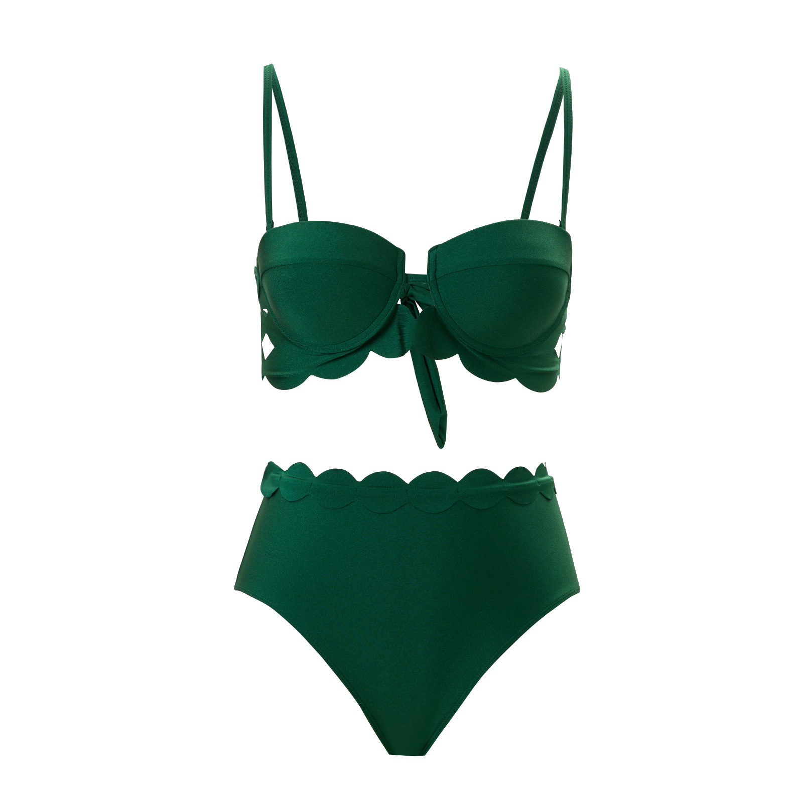 Women's New Solid Color Sexy Cut-Out Bikini Two-Piece Swimsuit with Skirt - Green