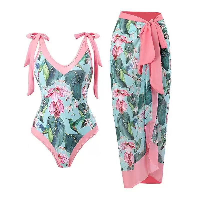 Women's Romantic Pink Botanical Print with Birds One-Piece Swimsuit and Matching Maxi Skirt