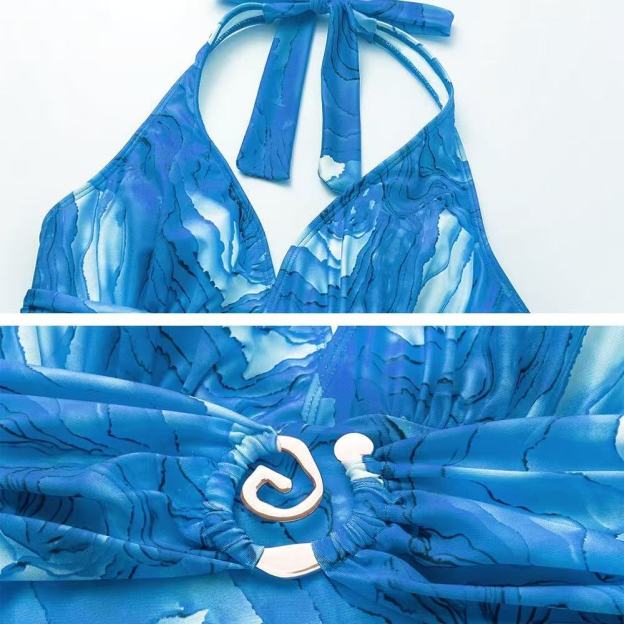 Women's Halter Neck Swimsuit with Plunging V-Neck Tie-Front and Blue Gradient Print One-Piece Swimsuit with Skirt