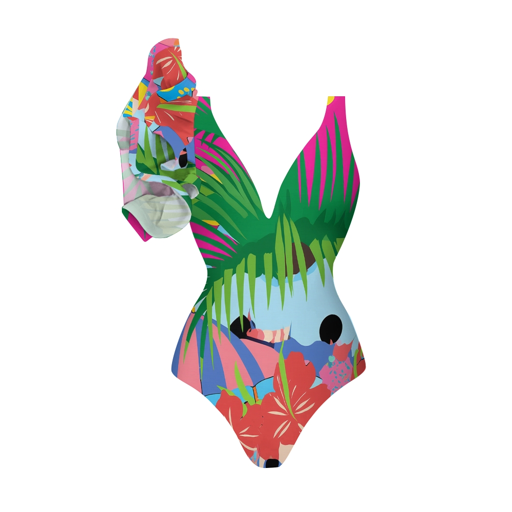 Tropical Print One-Shoulder Ruffle One-Piece Swimsuit with Matching Tie Sarong Skirt