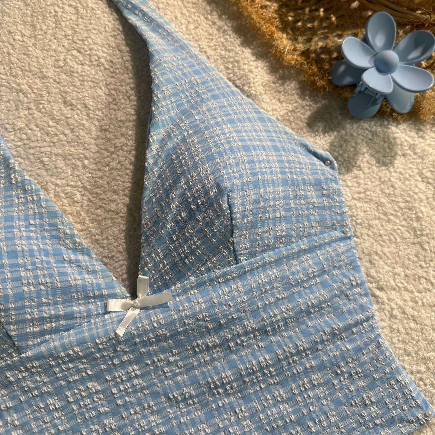 Women's Checkered Tie-Front Halter Tankini Set