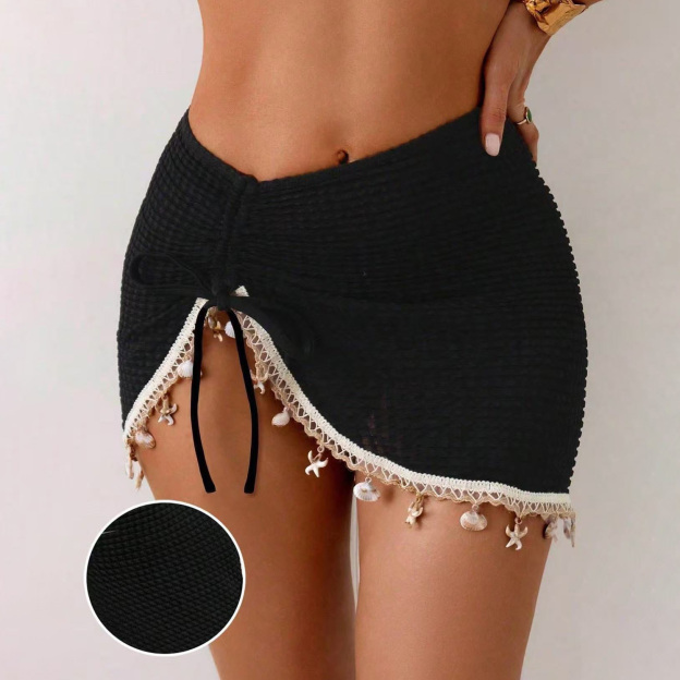 Black Knit Cover-Up Skirt Embellished with Shells, Starfish, and Fringe
